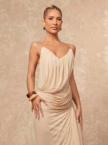 Lumalex 女士超长连衣裙，饰有褶皱网纱、垂褶细节和挂脖领口 - 杏色 - 查看 6