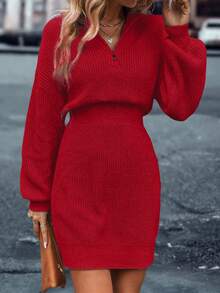 LanaWest Váy len trơn màu thường ngày dành cho nữ, Thu/Đông - Đỏ - Xem 3