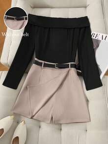 Franclia Conjunto de 2 piezas de top de manga larga con hombros descubiertos negro y shorts caqui, elegante y casual, versátil para uso diario, tallas grandes, para primavera/otoño - Multicolor - Ver 1