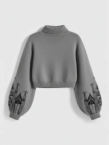 ROMWE Goth Suéter de cuello alto bordado con estilo gótico palaciego - Gris Oscuro - Ver 2