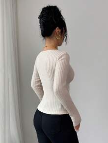 SHEIN Elenzya Women's Elegant Commuter Fashion New Sexy Apricot Ribbed Square Neck Tie Bow Slim Fit Button Long Sleeve T-Shirt, Spring/Autumn - Apricot - View 2