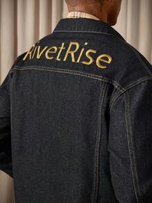 RivetRise 男士休闲长袖前开襟牛仔夹克，带刺绣，宽松版型 - 深色水洗藍 - 查看 7