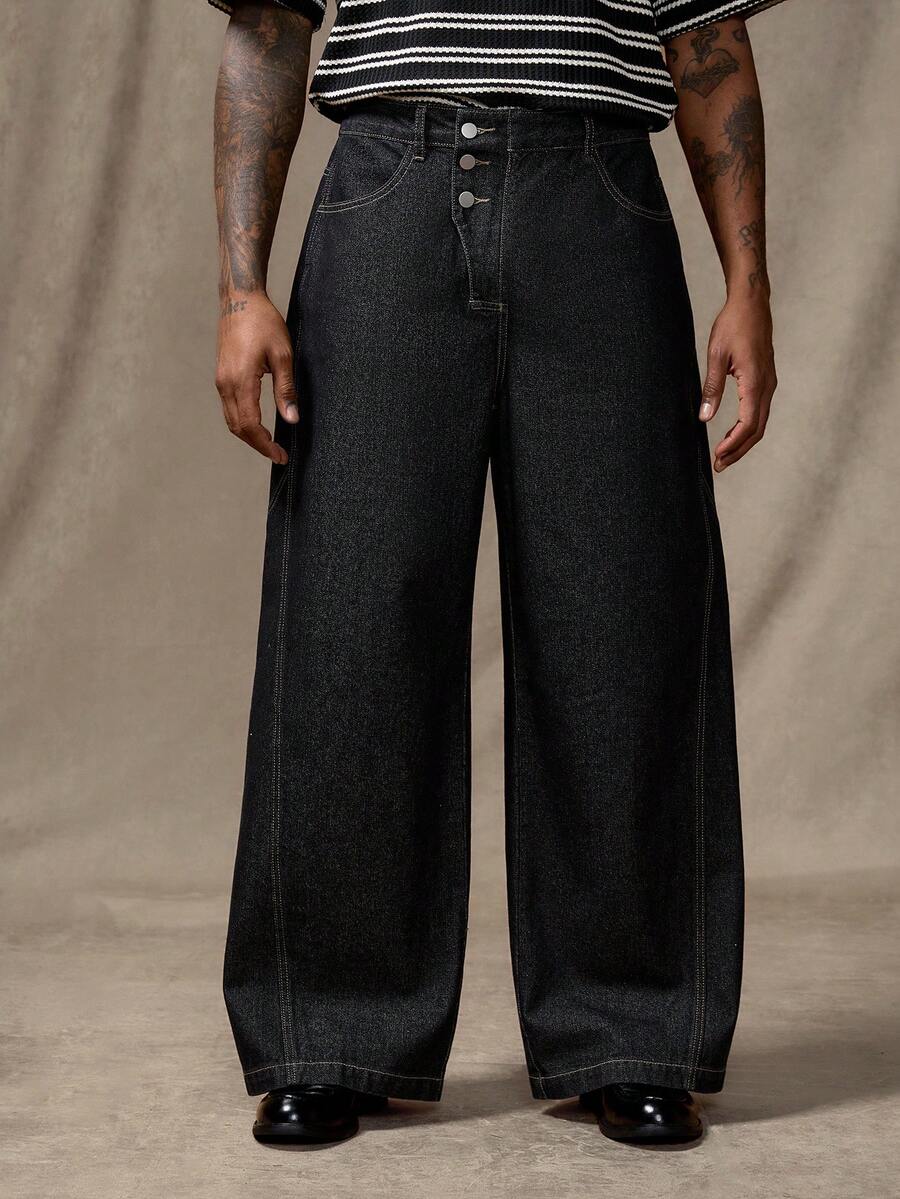 RivetRise Men's Casual Loose Fit Wide Leg Black Jeans ,Hang Out Commute Distressed Jeans For Minimalist - Black - View 1