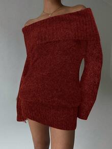 Aloruh Grey Off-Shoulder Turtleneck Long Sleeve Mini Dress, Loose Top Tight Bottom, Suitable For Young Ladies, Autumn/Winter - Burgundy - View 6