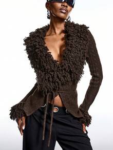 LYSMO 2025 Nuevo Llegado Minimalismo Invierno Mujer Casual unicolor Corbata-Cintura Manga Larga Cárdigan, Viejo Dinero Vibra, Invierno Para Mujeres, Navidad, Año Nuevo, Elegante Para Fiesta, Elegante Mujer, Vintage, Suéteres Para Mujeres - Café integral - Ver 4