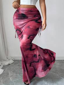 Elenzga 复古扎染印花褶裥高腰修身鱼尾裙，优雅别致的设计，适合女性，是春秋季返校季的理想之选。 - 酒紅色 - 查看 4