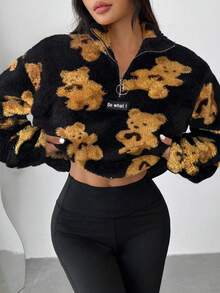 CovetEZ Cozy Women's Stand Collar Teddy Bear Print Half Placket Sweatshirt In Black Flannelette With Long Sleeves And Zipper Detail Fall Sweater Teddy Bear Print Jacket Fur Top Fuzzy Sweater Quarter Zip Sweater - Black - View 5