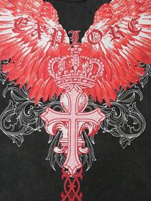 ROMWE MEN Goth 男士复古水洗哥特印花短袖T恤，夏季 - 黑色 - 查看 3