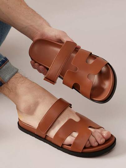 SHUZIA Top Seller Men's Luxe-Inspired Cutout Hook And Loop Strap Open Toe Soft Footbed PU Tan Slide Sandals - Premium Replica, Comfort Fit For Christmas Valentine's Day