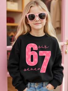 Young Girl Cozy Fall & Winter Styles Casual Fashion Creative Personalized Fresh Simple Cute Number 67 Pentagram Letter Slogan Graphic Print Comfortable Pullover Sweatshirt, Suitable For Autumn/Winter - Black - View 3