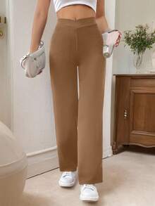 SHEIN PETITE CURVE Quần ống đứng ôm sát eo thanh lịch, thường ngày cỡ lớn dành cho nữ - Màu Khaki - Xem 5