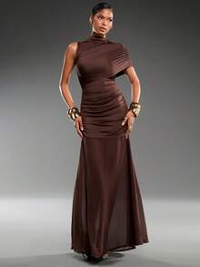 Normani European & American Style Coffee Color Elastic Slim Fit Asymmetric One Shoulder Round Neck Ruffle Patchwork Bodycon Mesh Sleeveless Dress For Women - Brown - View 1