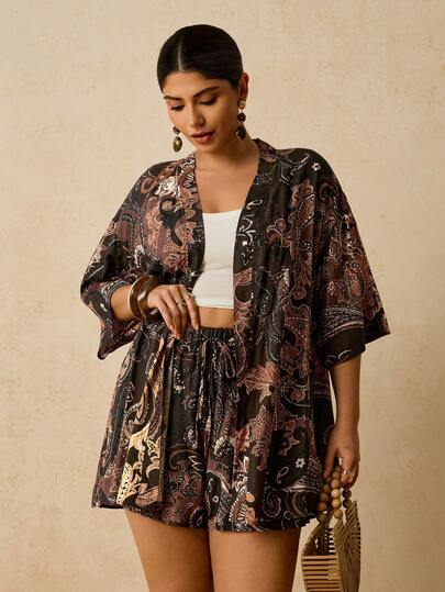 Travachic Plus Size Women Bohemian Cashew Flower & Paisley Print Cardigan And Shorts Two Pieces Outfit, Casual Holiday Beach Wear