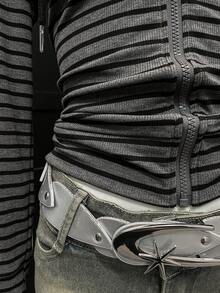 EgrlEra 女士时尚条纹印花拉链连帽长袖卫衣 - 深灰色 - 查看 7