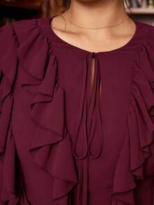 Vionelle Plus Size Women's Burgundy French Chiffon V-Neck Elegant Autumn Retro Ruffle Hem Long Sleeve Blouse,Perfect For Wedding Guest,Office&Party Wear - Burgundy - View 7