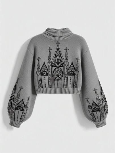 Goth Suéter de cuello alto bordado con estilo gótico palaciego