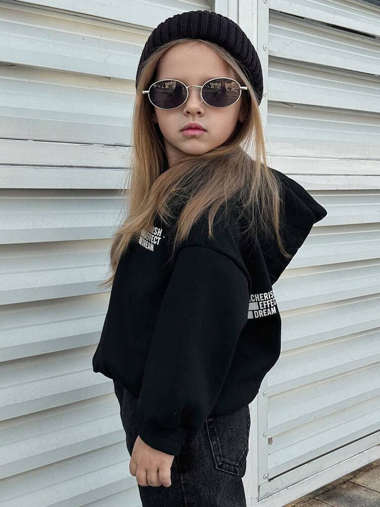 Young Girl Hooded Letter Knit Fleece Printed Sweatshirt, Fall Clothes, Winter