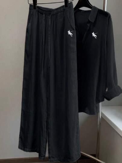 Franclia بدلة كاجوال جديدة من الكتان الفاخر، سروال بخصر مطاطي وأكمام طويلة، بتطريز حصان، ساق مستقيمة، مجموعة قطعتين للنساء