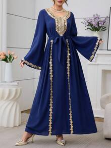 Al Najma Wine Red Long Sleeve Embroidered Collar Pleated Party Cocktail Dress - Royal Blue - View 5