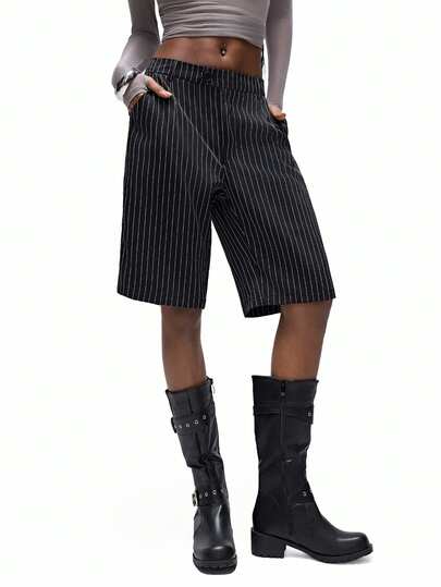 Aveloria Affinna Shorts midi rectos de cintura suelta a rayas blancas y negras para mujer