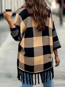 Women's Long Open Plaid Cardigan Swe ater with Fringe Hem - Beis - Ver 3