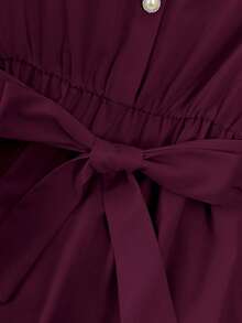 Franclia 优雅法式高端度假通勤百搭圆领短袖弹力腰身珍珠纽扣装饰舒适柔软无弹杏色女士中长连衣裙，春夏款 - Bold Plum - 查看 4