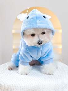 PETSIN 1件宠物服装，猫狗通用连体衣，可爱天使恐龙卡通造型变形连体衣，秋冬加厚保暖连帽衫 - 藍色 - 查看 8