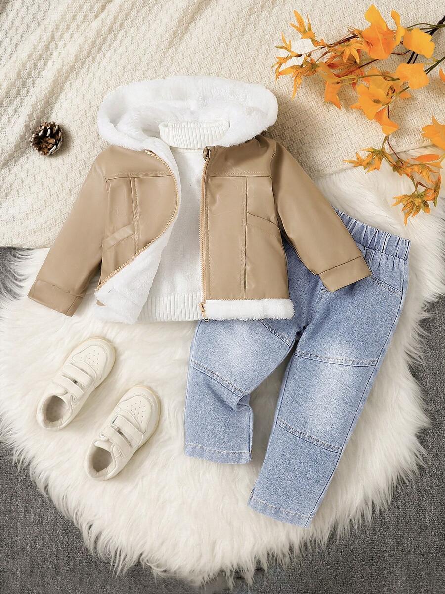 2 件男婴时尚羊毛夹克搭配休闲长款牛仔套装 - 霧霾藍 - 查看 1