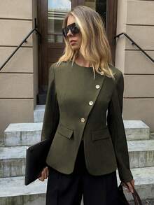 Elyressa 女士圆领长袖金属单排扣休闲常规夹克 - 橄欖綠 - 查看 3