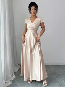 Elenzga Vestido elegante y romántico para mujer, con cuello en V, manga corta y ajuste en la cintura - Champán - Ver 5