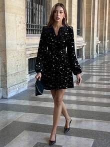 Chiquease Ins French Party Shiny Velvet Waist Belt Lantern Sleeve Women's Waist Cinching Dress, Christmas - Black - View 4