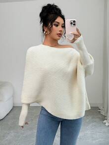 SHEIN Elenzya Suéter blanco de manga larga con textura acanalada, elegante y clásico para mujer, otoño/invierno - Crema - Ver 5