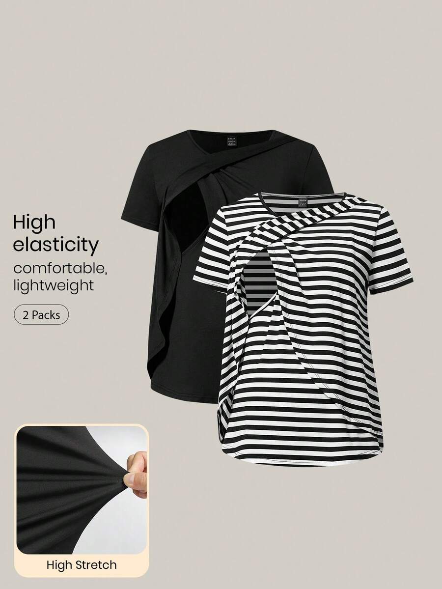 Modmama Maternity 2pcs Casual Nursing T-Shirt, Simple & Fashionable For Everyday Wear - Black and White - View 1
