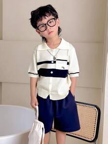 DAZY 男童拼色条纹短袖针织镂空时尚毛衣