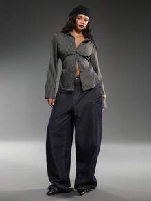 Normani Fashionable Commuter Dark Grey Striped Woven Women's Shirt - Dark Grey - View 3