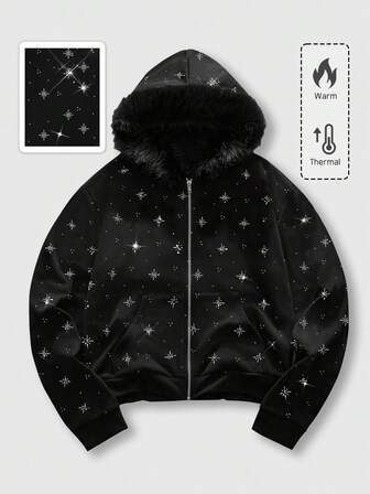 Sudadera con capucha con cremallera y adornos de rhinestone para parejas unisex