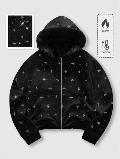 Felpa con cappuccio e chiusura lampo unisex per coppie, con decorazioni in strass