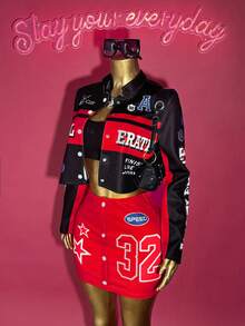 Slaydiva 2025 Winter, New Style, New Year, Valentine's Day, Party, Evening Gathering, Date, Gathering, Birthday Party, Preppy Style, Student Wear, Everyday Outing, Basic Versatile, Casual, Cruise Travel, Influencer Hot Style, Elegant, Commuter, Business Casual, Sexy Club, Y2K, Punk Racing, Girly Cool Motorcycle Style, Small Stand Collar Long Sleeve Letter Print Jacket + Tank Top + Mini Skirt, Winter Set, Christmas Set, New Year Set, Women's Three-Piece Set - Multicolor - View 6