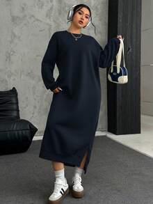 SHEIN EZwear 大码宽松休闲长款抓绒卫衣连衣裙，适合秋冬季节、圣诞节、新年、感恩节、派对、婚礼、海滩、毕业典礼等场合，时尚优雅，休闲百搭，适合外出、约会、预约、通勤等各种场合。宽松长袖连衣裙 - 藏蓝色 - 查看 4