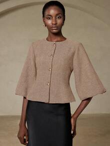 GENKIRA Elegant French Retro Romantic Luxury High-End Design Herringbone Round Neck 3/4 Petal Sleeve Cinched Waist Slim Metal Button Women's Blazer - Apricot - View 3