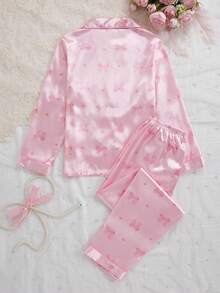2pcs/Set Girls Cute Bow Print Lapel Cardigan & Casual Pants Comfortable Pajamas Set Bow Print Pajamas - Pink - View 2