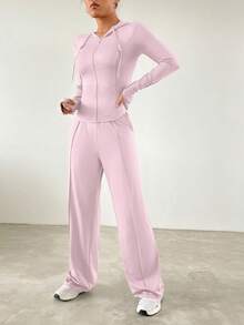 SHEIN EZwear 緊身帽衫配直筒褲,休閒運動套裝 - 粉色 - 查看 4
