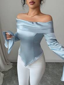 SHEIN Elenzya 1 件女式露肩褶皱长袖珍珠装饰优雅浪漫衬衫 - 霧霾藍 - 查看 5