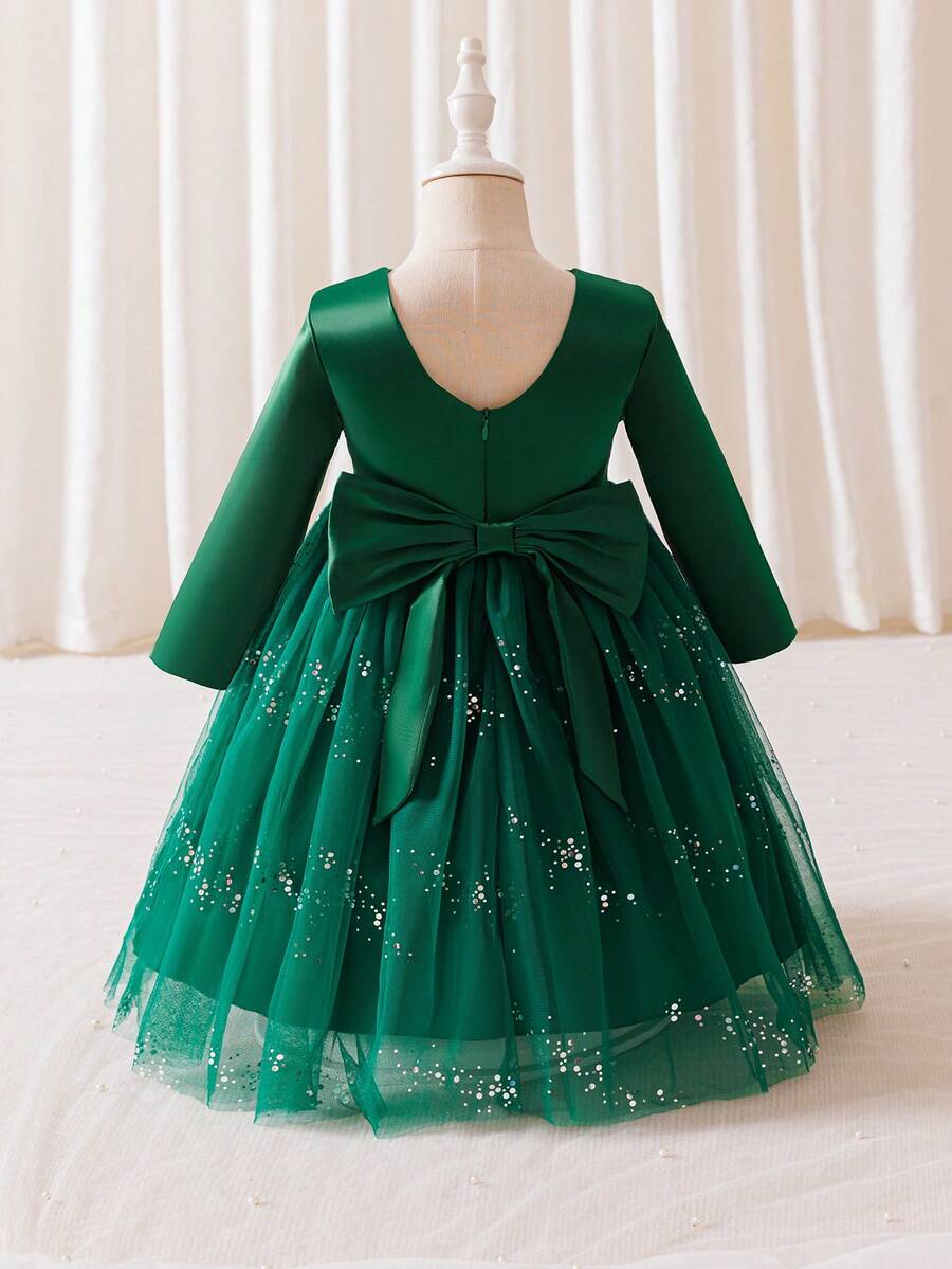 Glamorique Kids Young Girl Mesh Patchwork Bow Decor Elegant Long Sleeve Party Dress - Dark Green - View 1