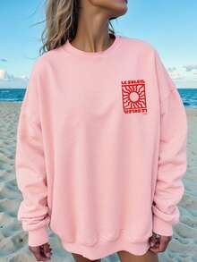DrmWander Women's Plus Casual Loose Long Sleeved Round Neck Printed Sportswear, Suitable For Beach Wear In Spring And Summer Pullover Fall Winter Autumn - Pink - View 3