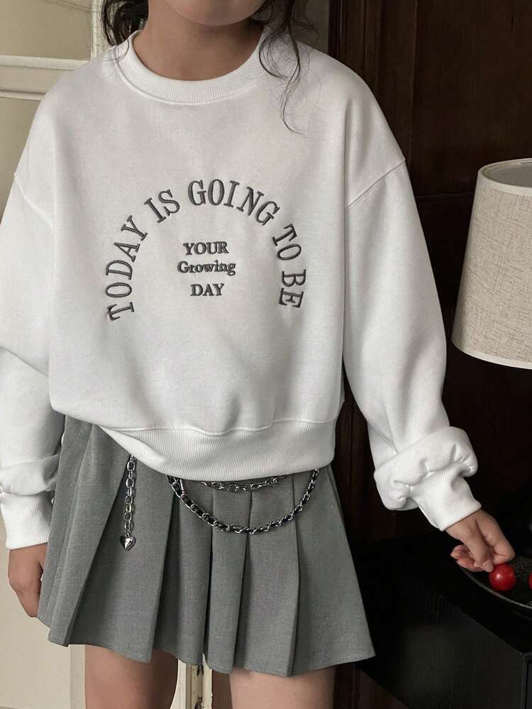 Tween Girl Drop Shoulder Casual Crew Neck Slogan Embroidered Fleece Sweatshirt, Autumn/Winter