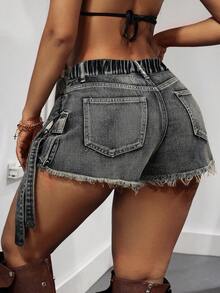 Slaydiva 大码女式腰带扣设计时尚牛仔工装短裙 - 灰色 - 查看 2