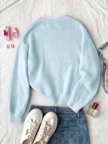 SHEIN 少女星形图案圆领落肩毛衣，休闲日常穿着，秋冬 - 淺藍色 - 查看 2