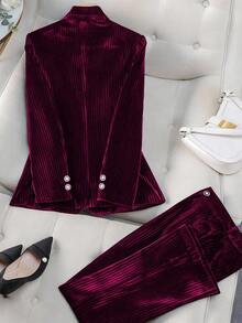 GlowEve Women's Glossy Velvet Korean Fleece Oversized Textured Fabric Blazer With Lapel, Flap Pockets, Unique Decorative Buttons, High-End Design, Waist Belt Loops, Long Pants, Teacher's Outfit, Suitable For Independence Day, Christmas, Halloween, Thanksgiving