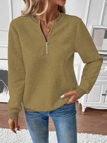 SHEIN LUNE Women's Autumn Sweatshirt, Notch Neck, Long Sleeve, Raglan Sleeve, Ribbed Splice, Zipper Decor, Textured Fabric - Brown - View 7